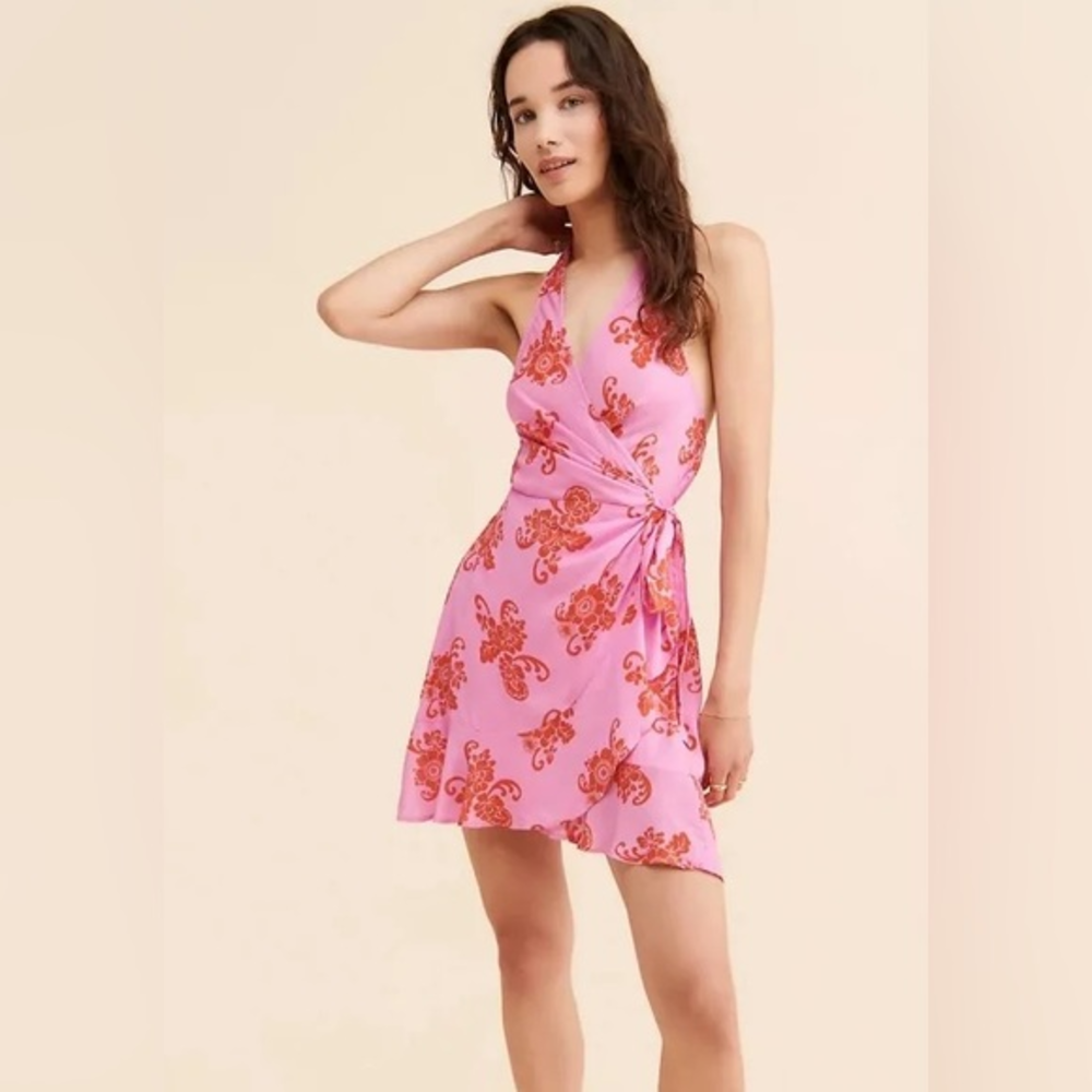 Anthropologie‎ Pink Wrap Halter Summer Dress size Small